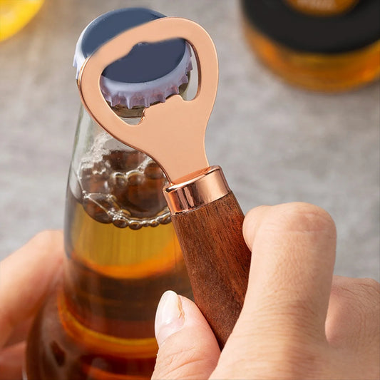 Stainless Steel Beer Bottle Opener with Wood Handle, Kitchen Tools, Anniversary Wedding Gift Rose Gold