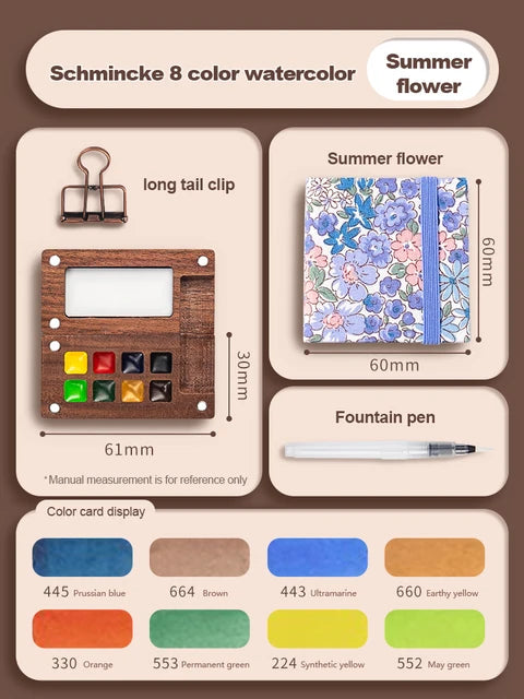 Mini watercolor paint box and small notebook Mingke 8-color wooden box mini drawing board solid watercolor painting