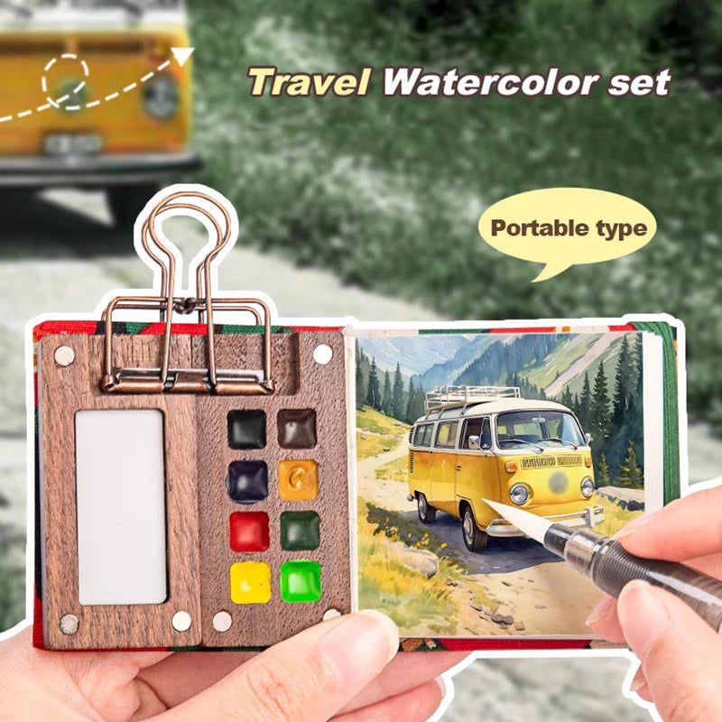 Mini watercolor paint box and small notebook Mingke 8-color wooden box mini drawing board solid watercolor painting