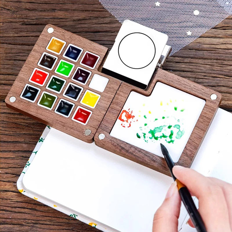 Mini watercolor paint box and small notebook Mingke 8-color wooden box mini drawing board solid watercolor painting