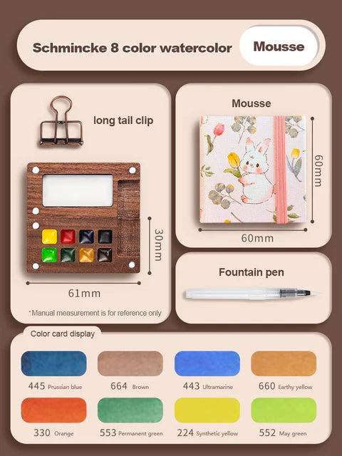 Mini watercolor paint box and small notebook Mingke 8-color wooden box mini drawing board solid watercolor painting