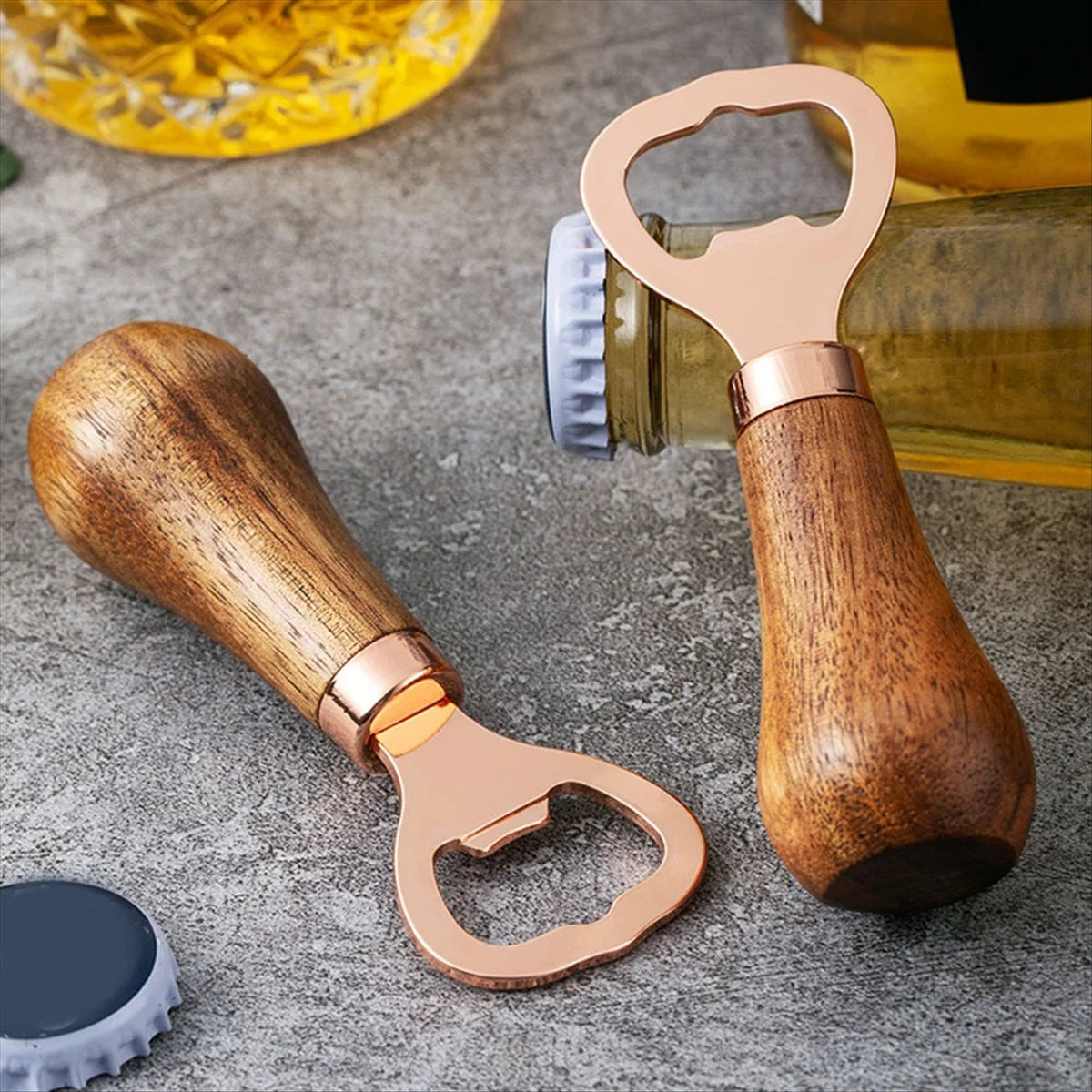 Stainless Steel Beer Bottle Opener with Wood Handle, Kitchen Tools, Anniversary Wedding Gift Rose Gold